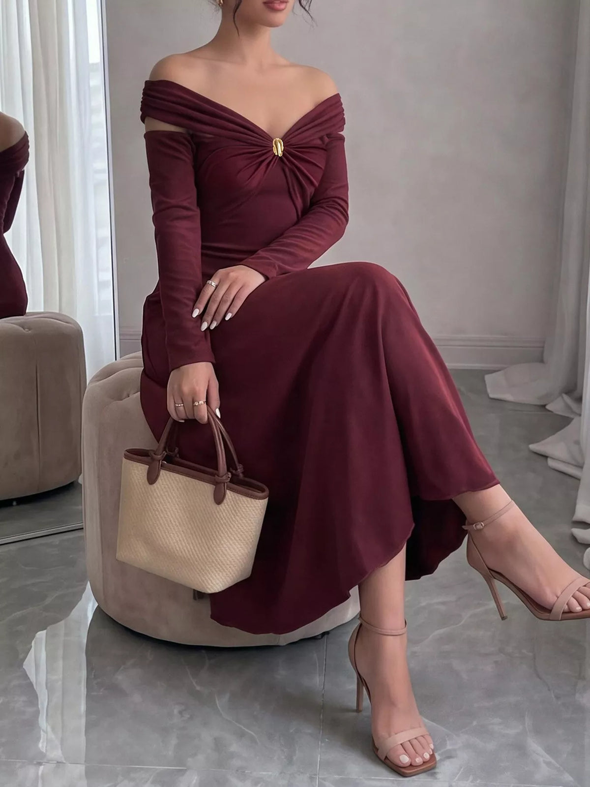 Ruched Off-Shoulder Long-Sleeve Maxi Dress in Burgundy