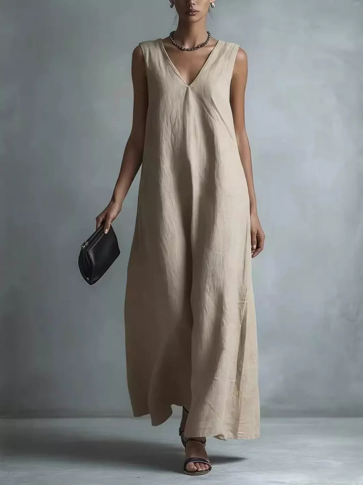 V-Neck Sleeveless Maxi Dress in Beige