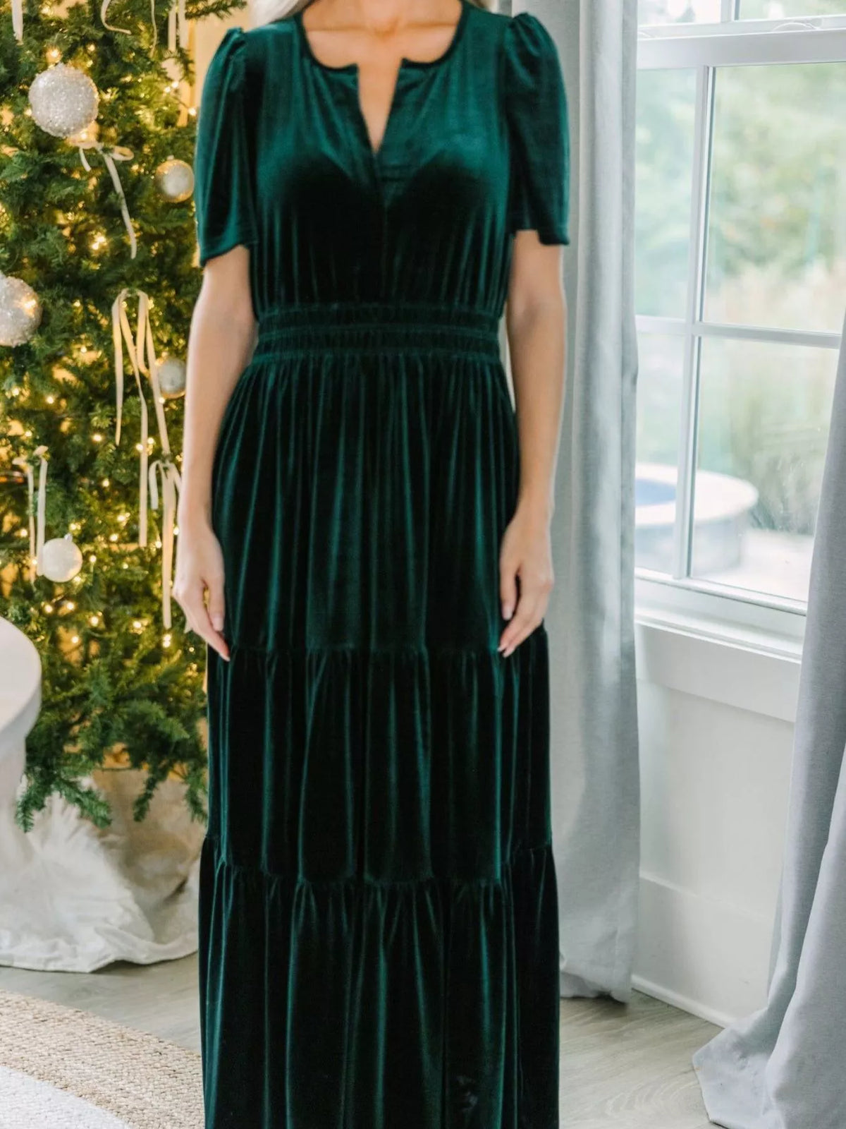 Velvet Tiered Short Sleeve Maxi Dress