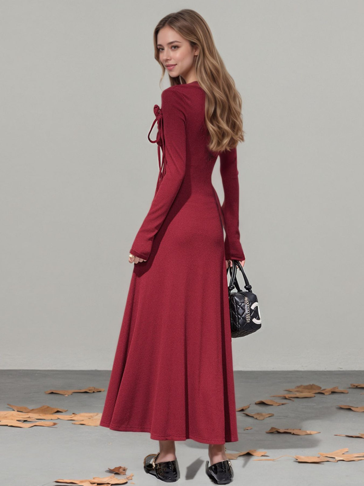 Tied Asymmetrical-Neckline Long Sleeve Dress in Red