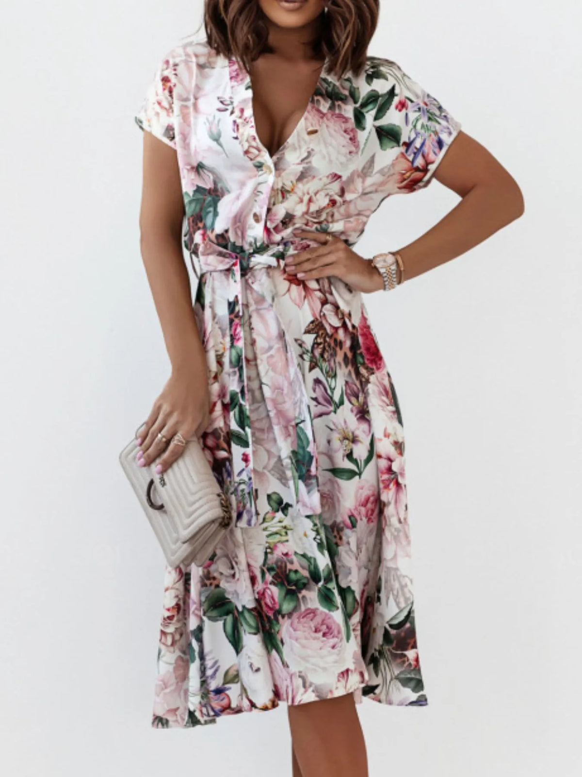 Floral Short Sleeve Midi Dress in Black
