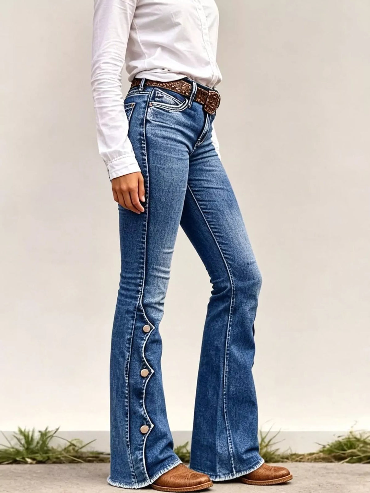 Raw Hem Bootcut Jeans in Medium Blue