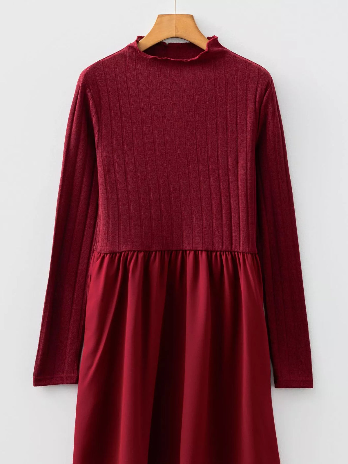 Frilled Neck Patchwork Mini Dress in Burgundy