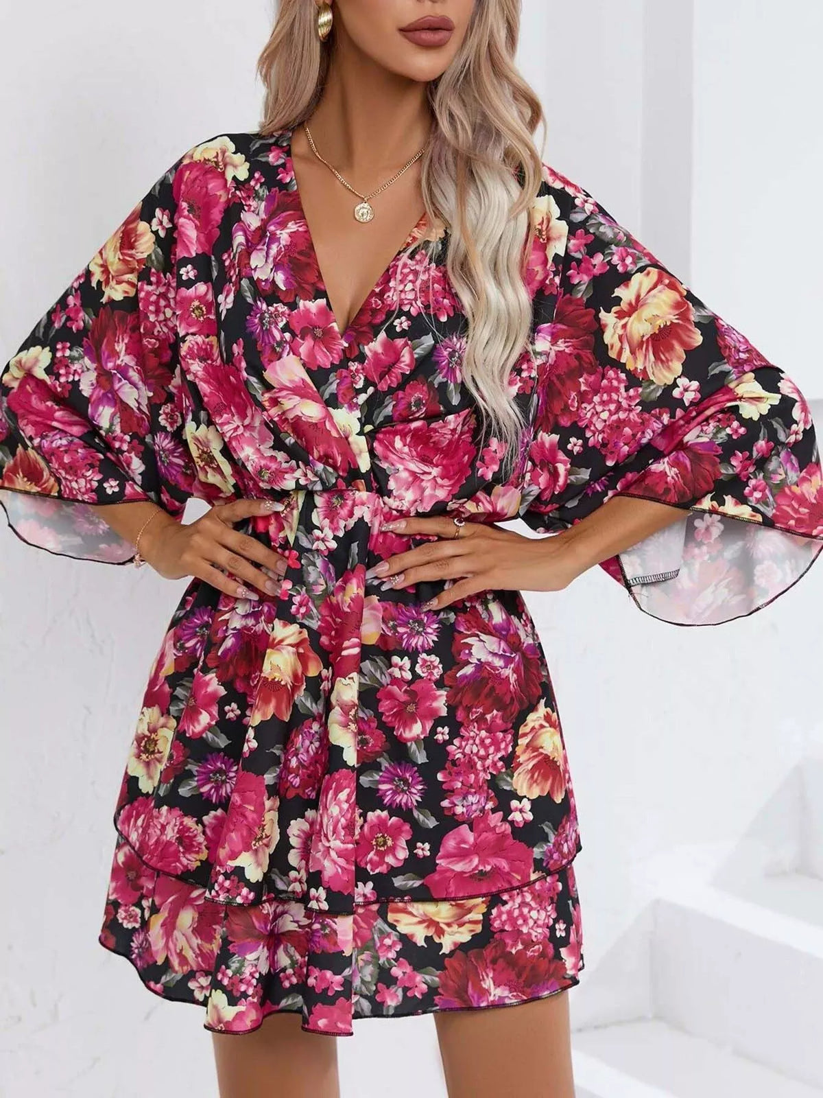 Floral Ruffle-Hem Tiered Mini Dress