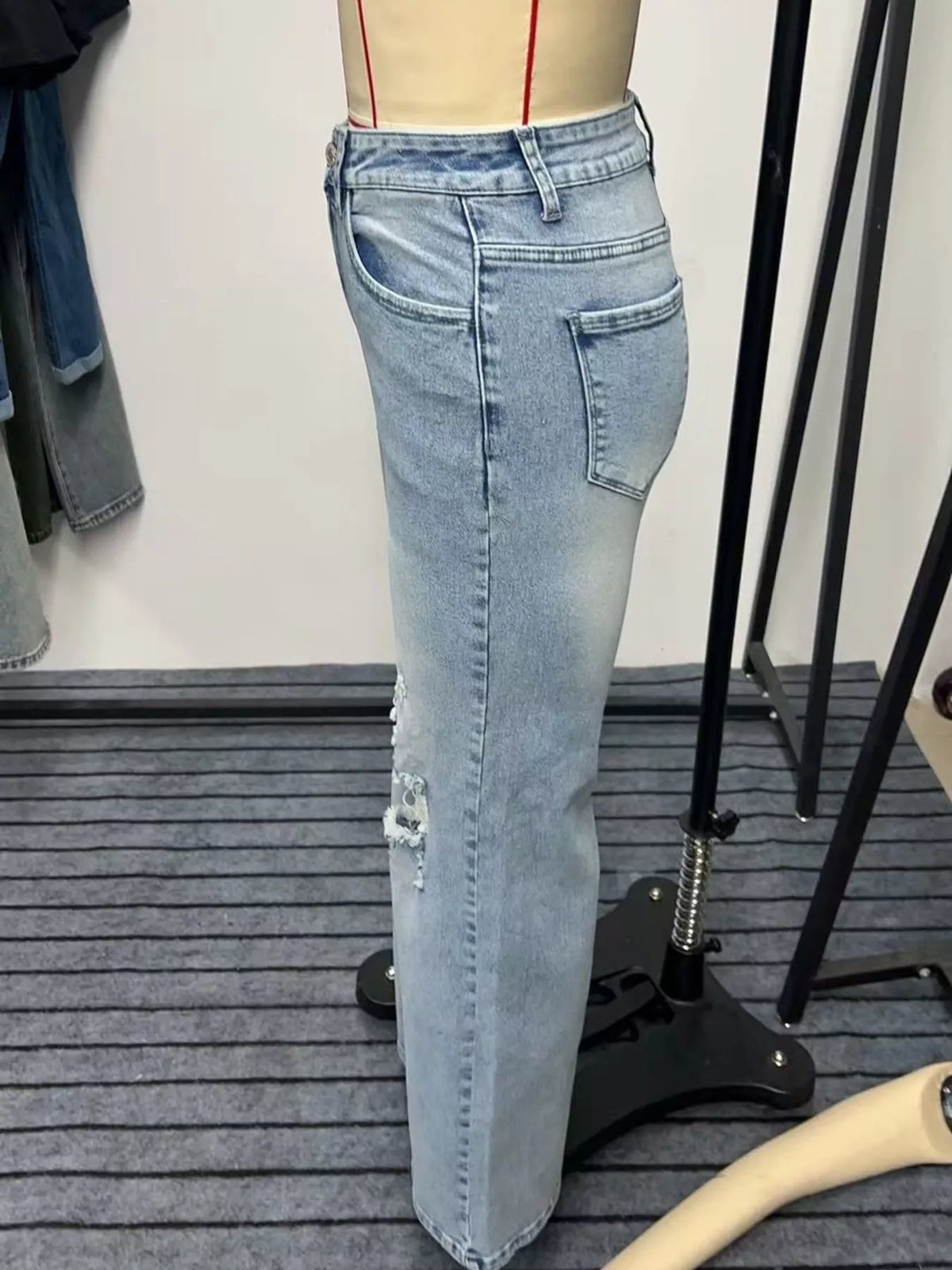 High-Waisted Distressed Wide-Leg Jeans in Peacock Blue