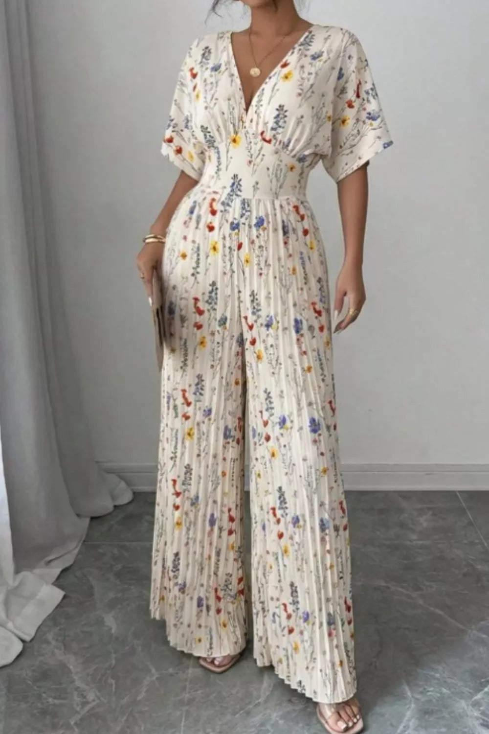 Floral Print Wide Leg Pleated Jumpsuit in Beige