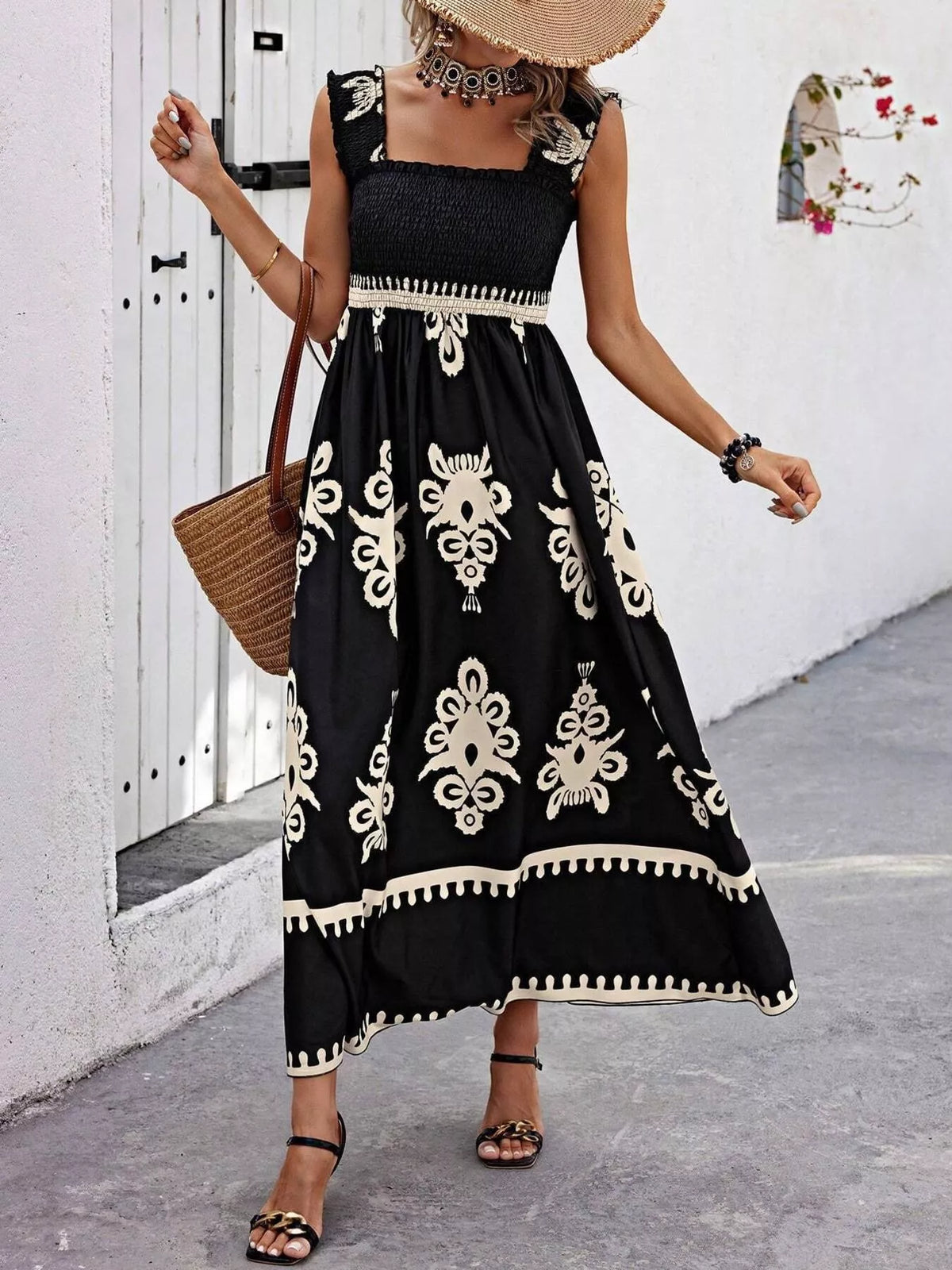 Smocked Square Neck Maxi Dress