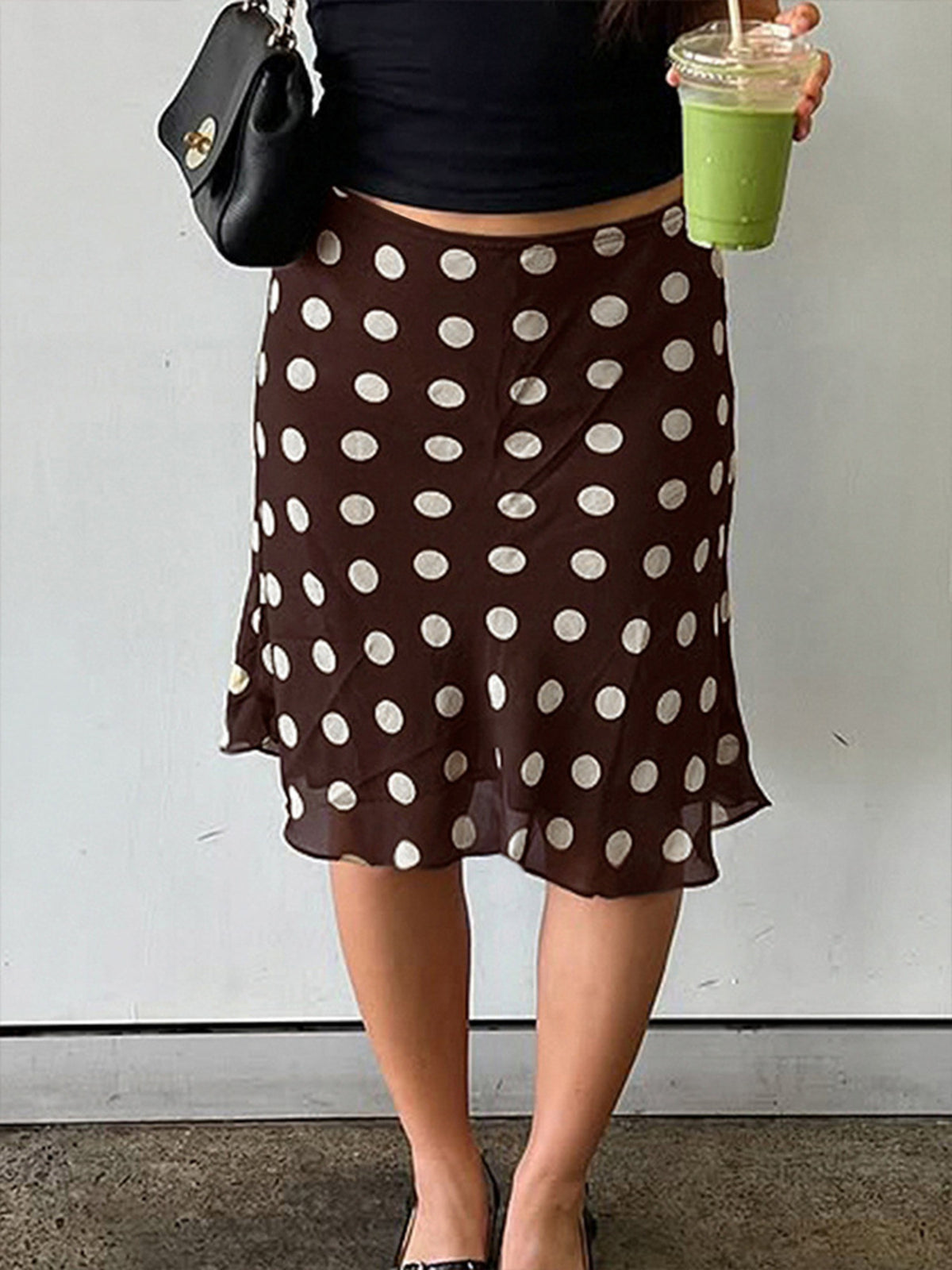 Polka Dot Mesh Skirt in Brown