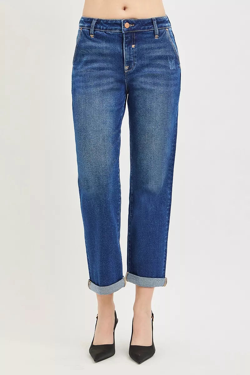 Risen Slouchy Cropped Boyfriend Jeans in Dark Wash