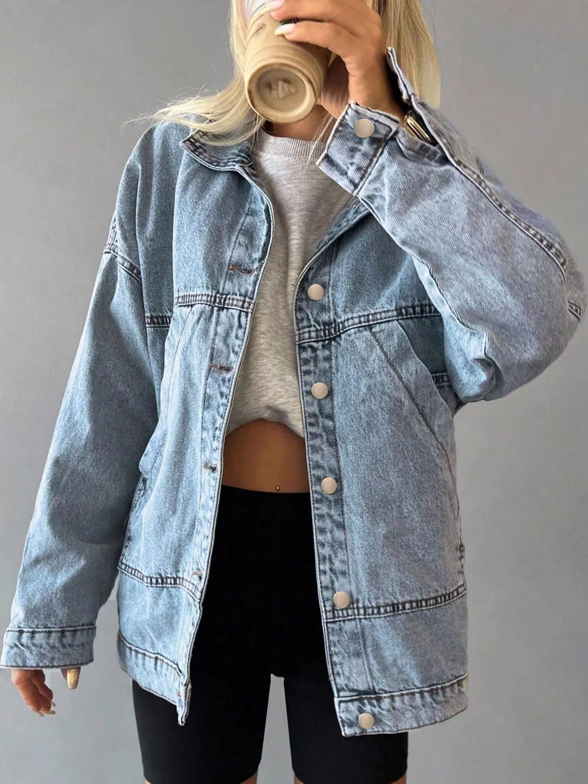 Oversized Dropped-Shoulder Denim Jacket in Light Blue