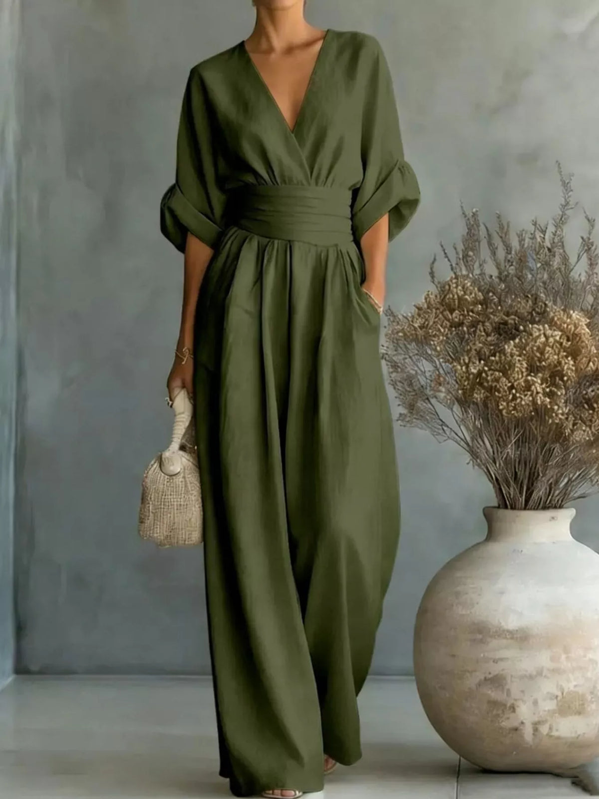 Ruched Half Sleeve Wide-Leg Jumpsuit