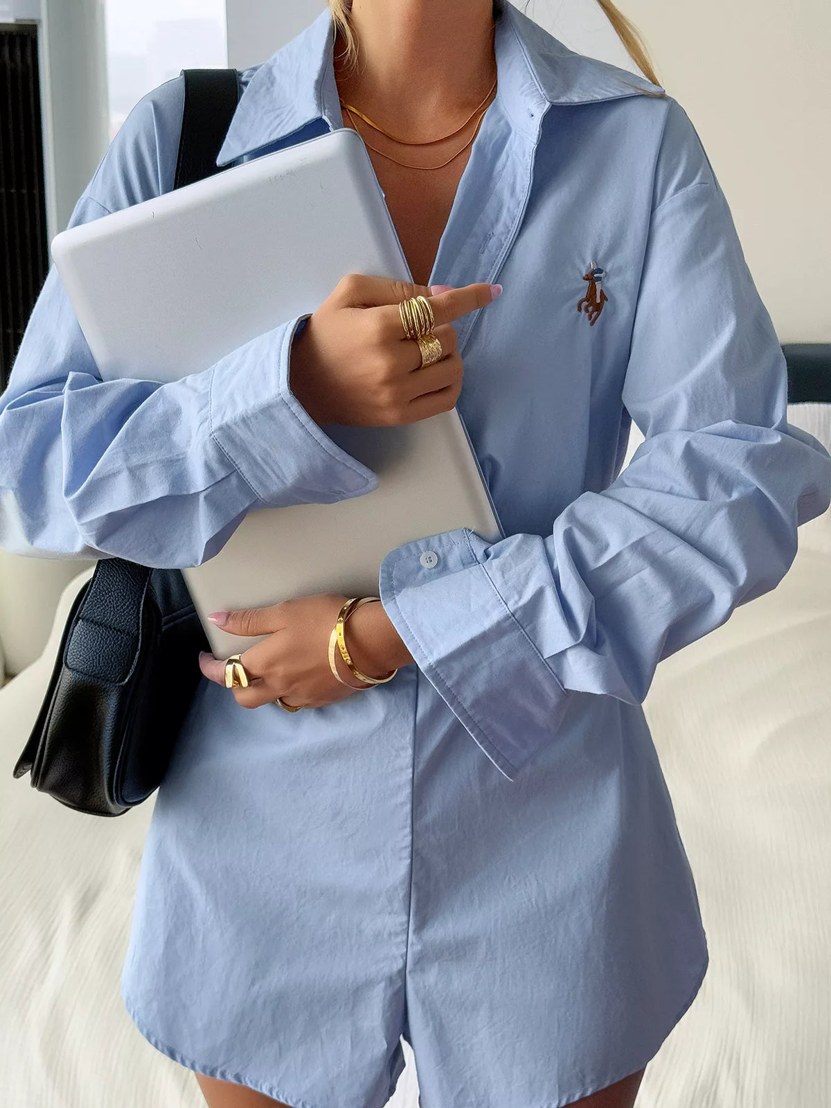 Button Front Long Sleeve Romper in Blue