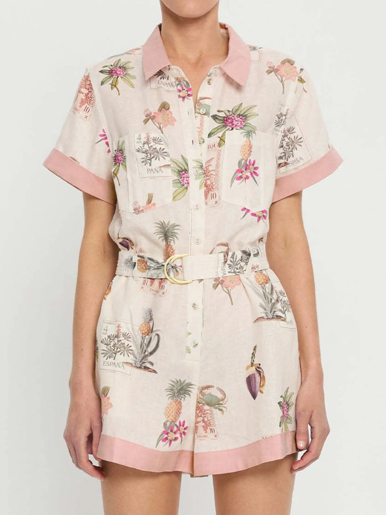 Belted Short Sleeve Romper in Multicolor