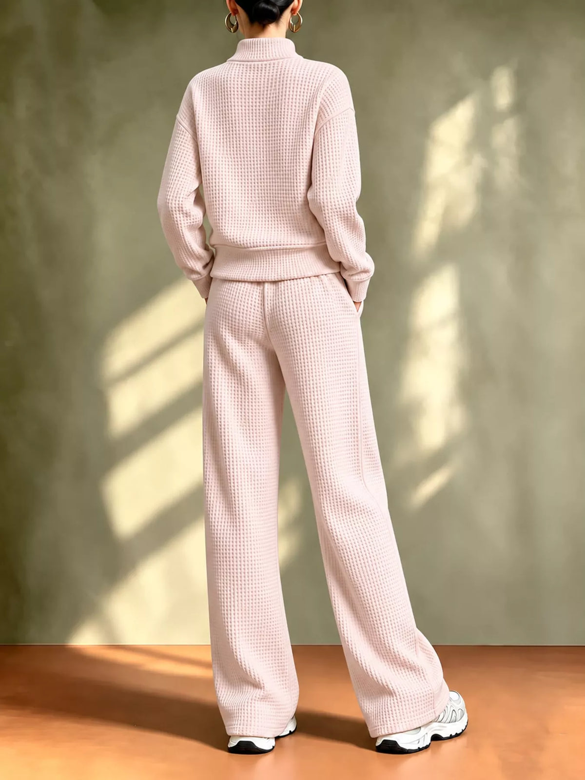 Waffle Knit Button-Up and Wide-Leg Pants Set