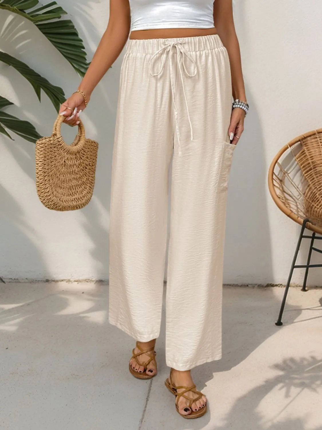 Drawstring Wide Leg Pants in Tan
