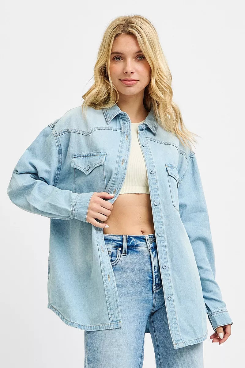 Risen Western Yoke Relaxed Fit Denim Shirt in Light
