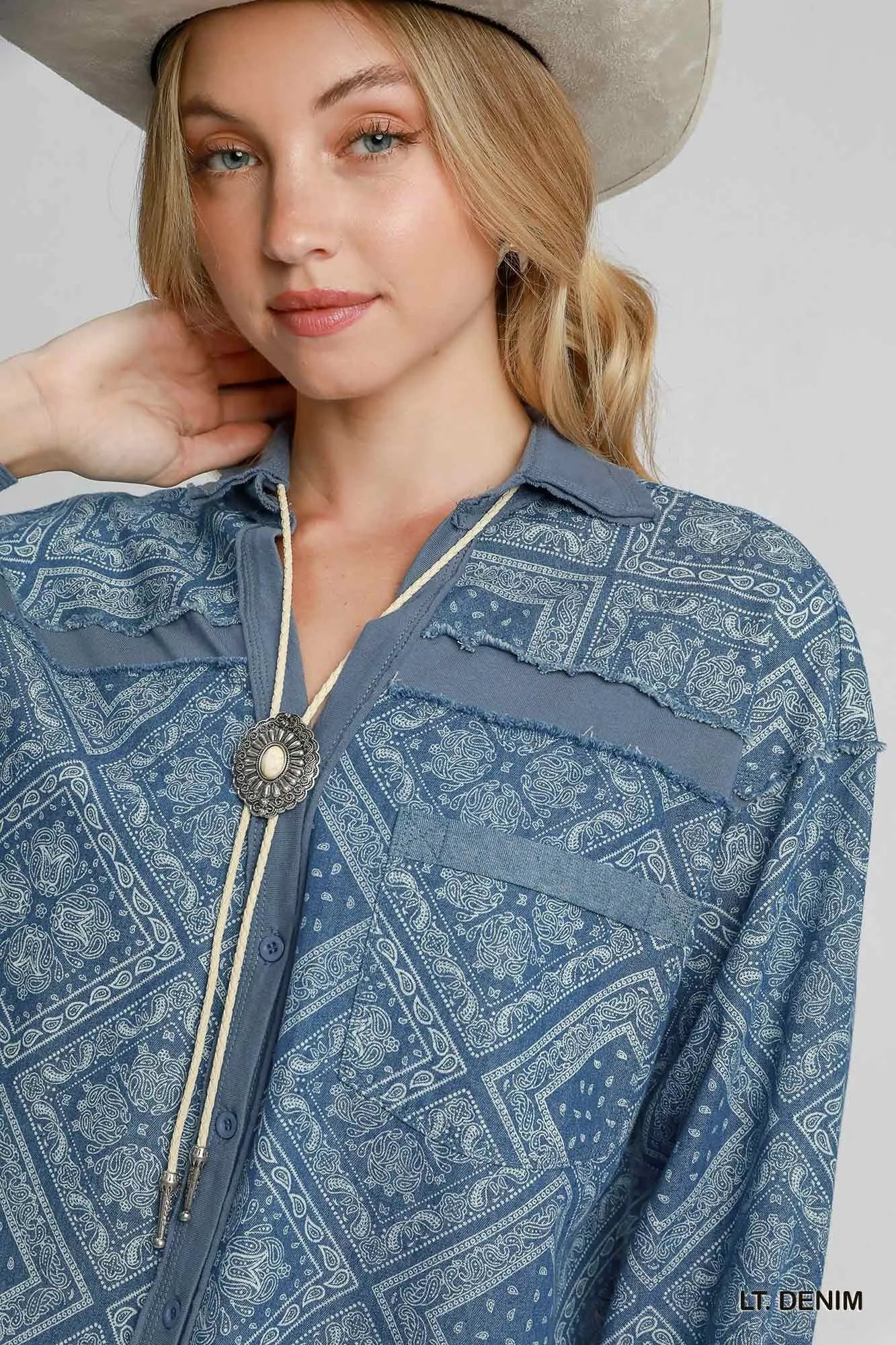 Umgee Patchwork Denim Jacket in Light Denim in Lt. denim