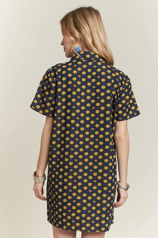 Floral Button-Up Mini Denim Dress in Dark Wash