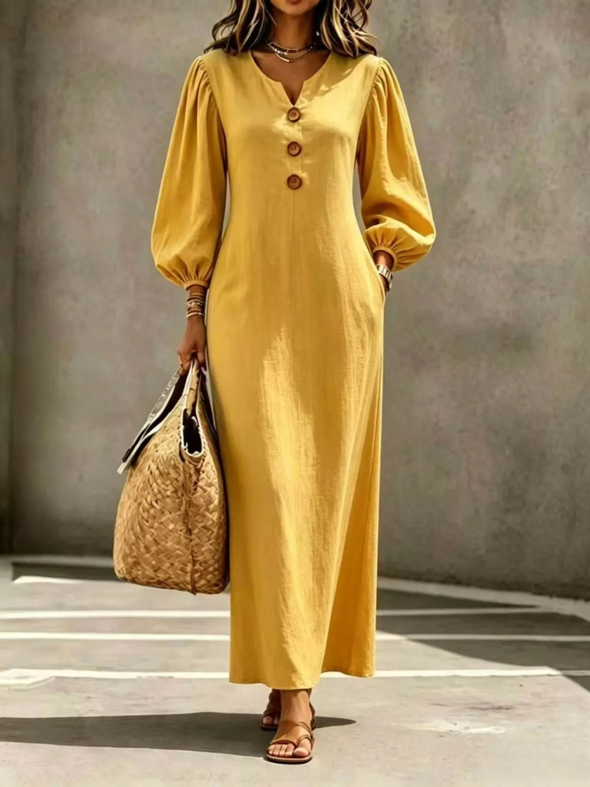 Button Balloon Sleeve Maxi Dress