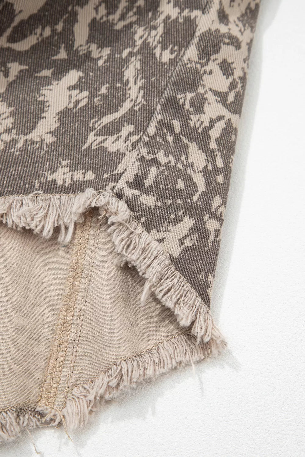 Abstract Print Raw Hem Denim Jacket in Mocha