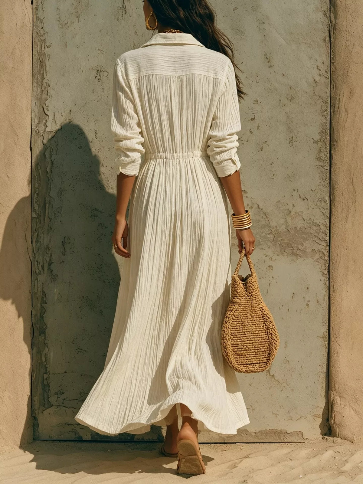 Textured Button Front Long Sleeve Maxi Dress