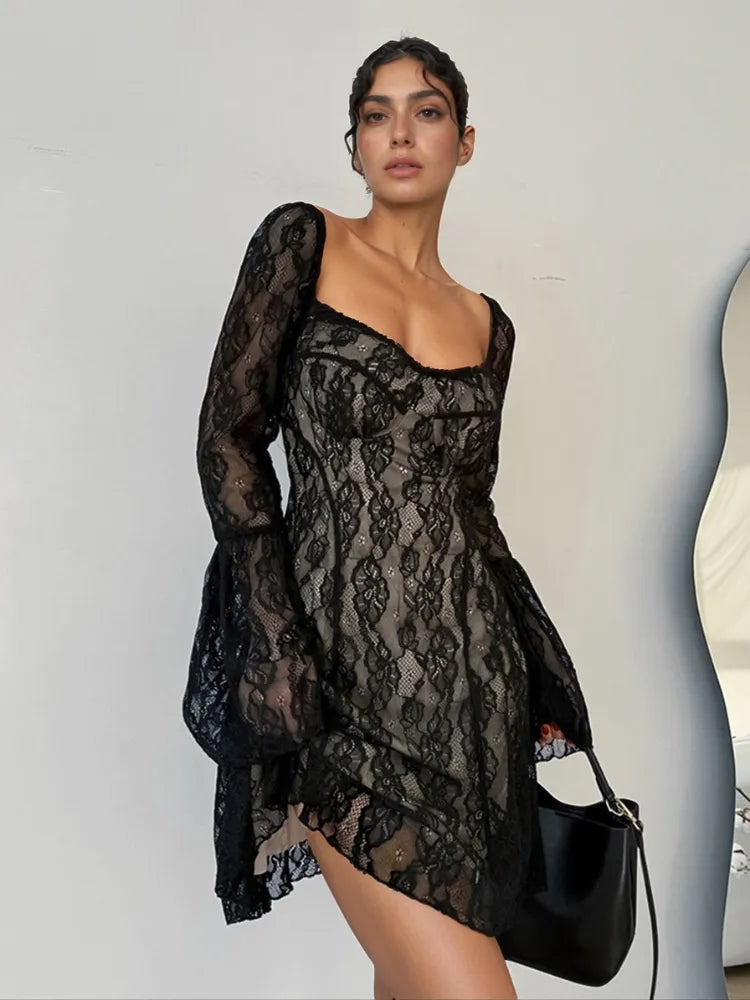 Lace Sweetheart Neck Flare Sleeve Mini Dress in Black