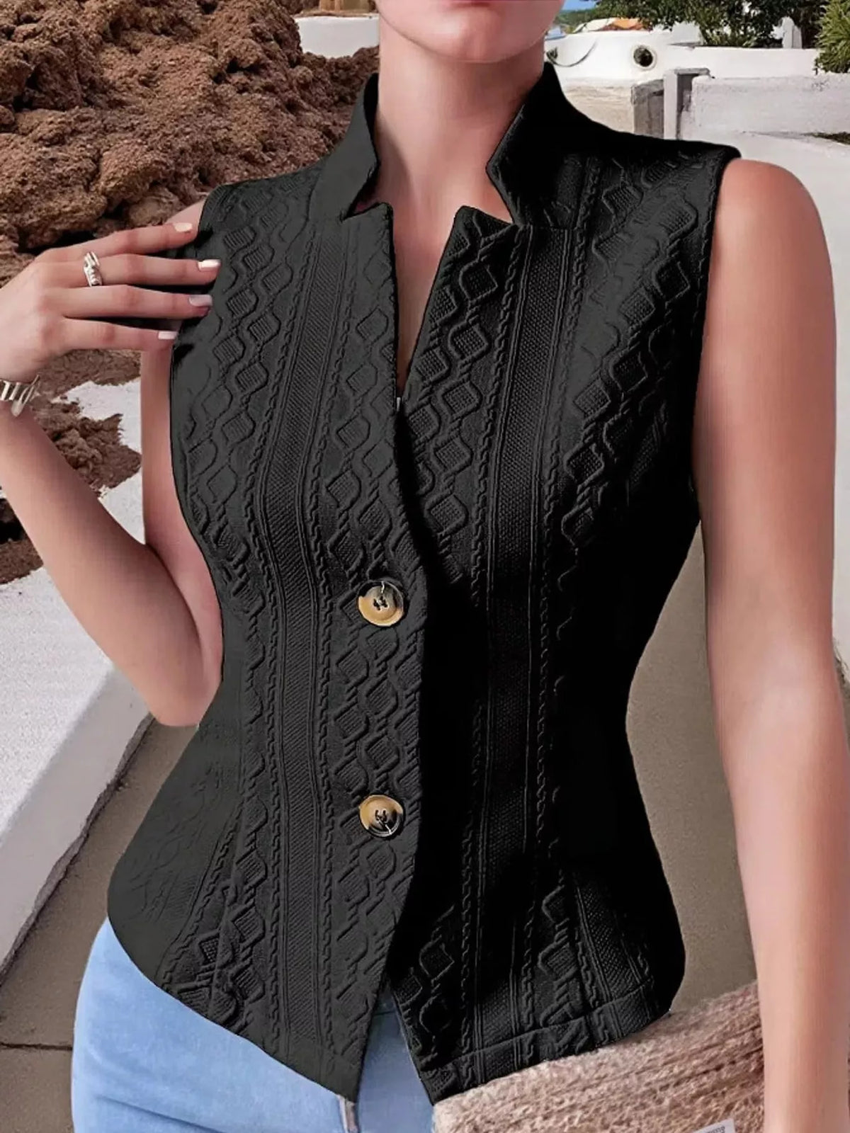 Textured Slim-Fit Button-Down Vest Coat