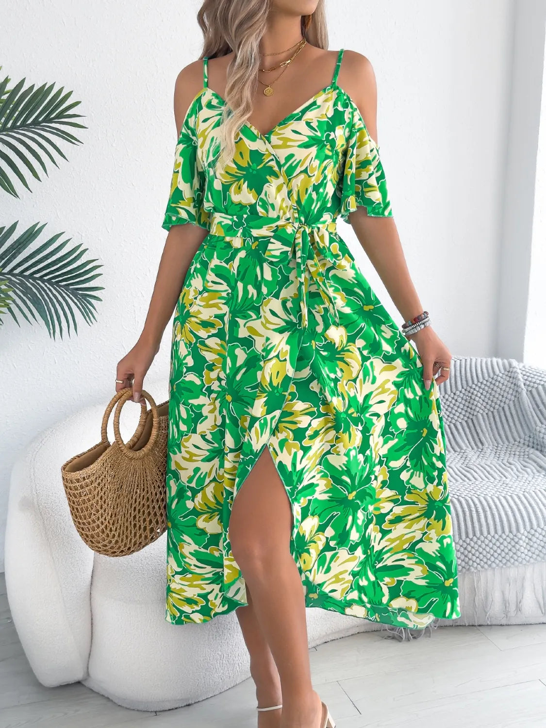 Printed Cold-Shoulder Midi Cami Dress