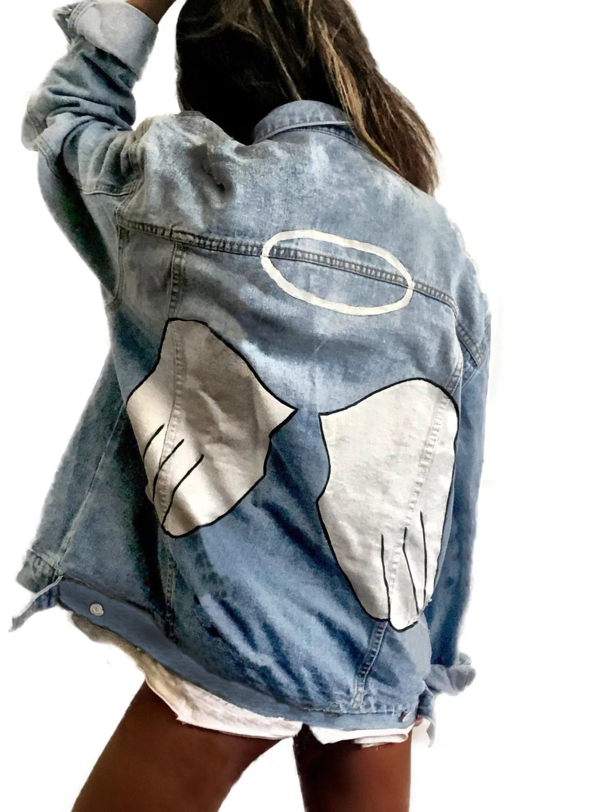 Oversized Angel Wings Graphic Denim Jacket