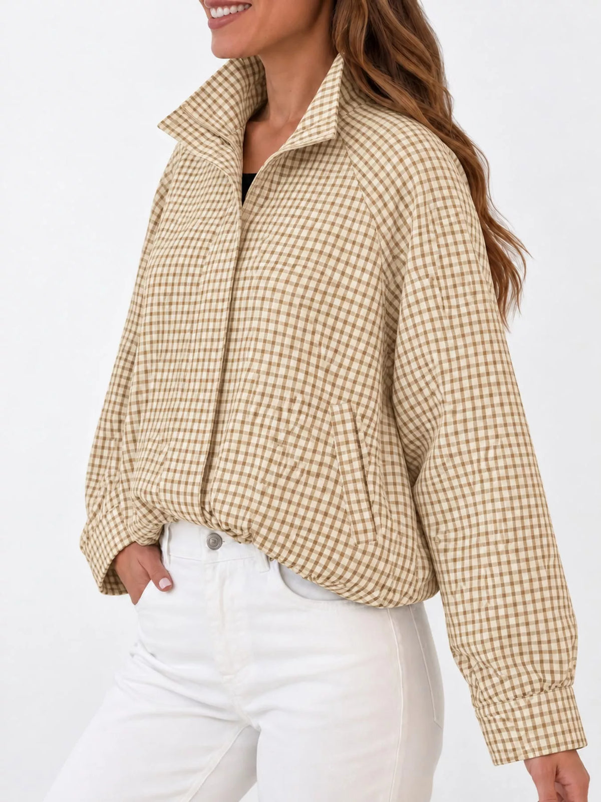 Plaid Stand-Collar Cropped Jacket