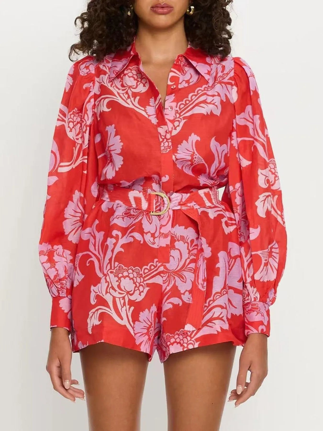 Printed Long Sleeve Belted Romper in Red