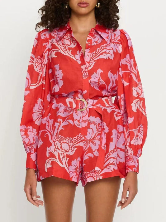 Printed Long Sleeve Belted Romper in Red