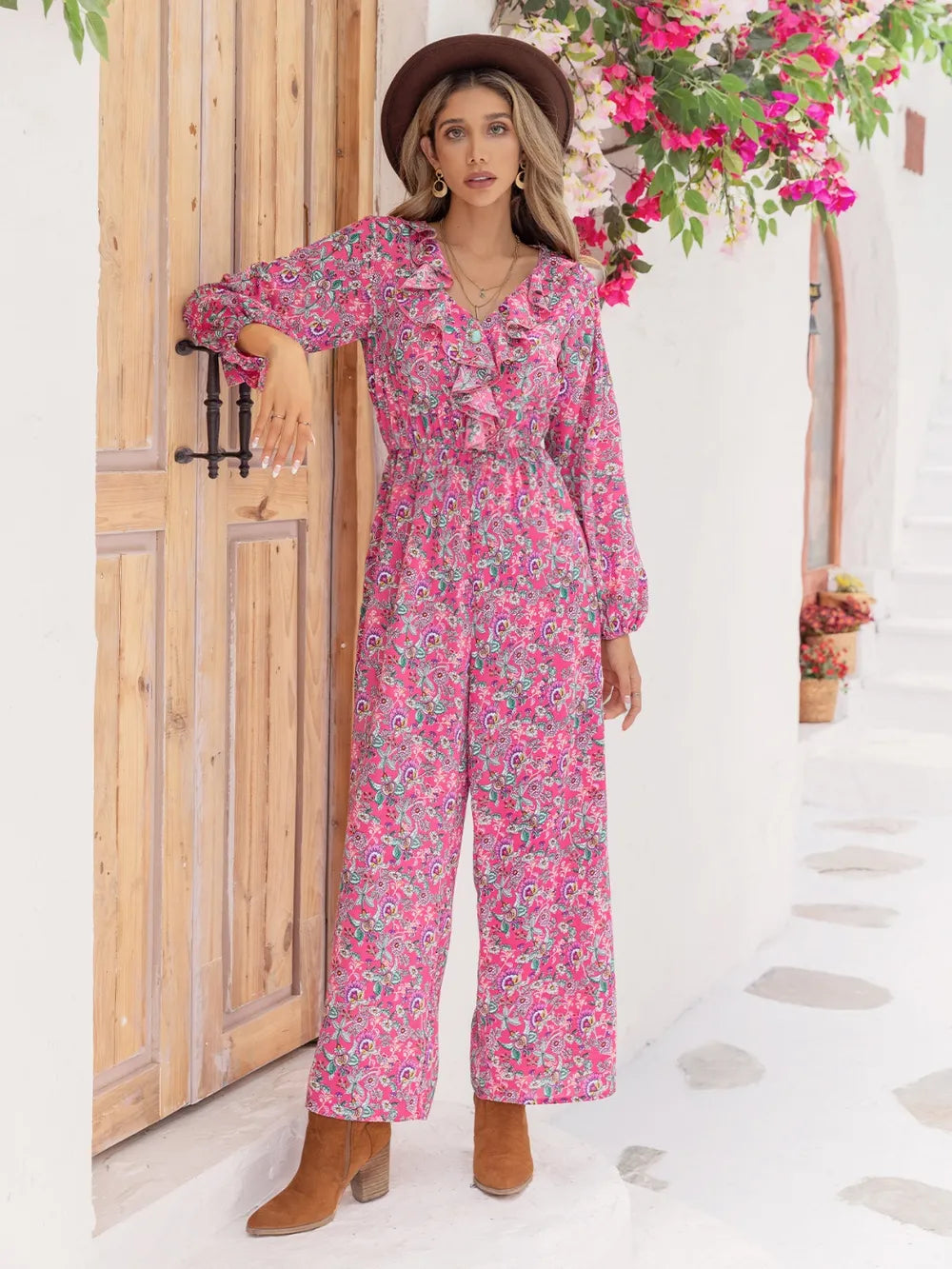 Ruffled V-Neck Jumpsuit in Hot Pink
