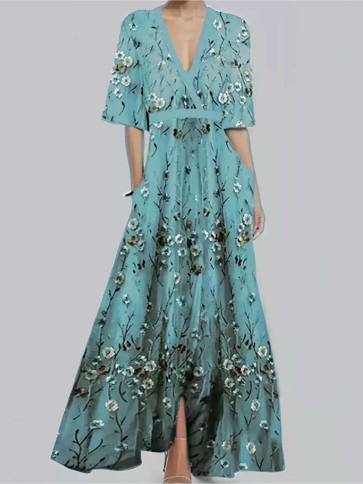 Floral Print Half-Sleeve Maxi Dress with Pockets