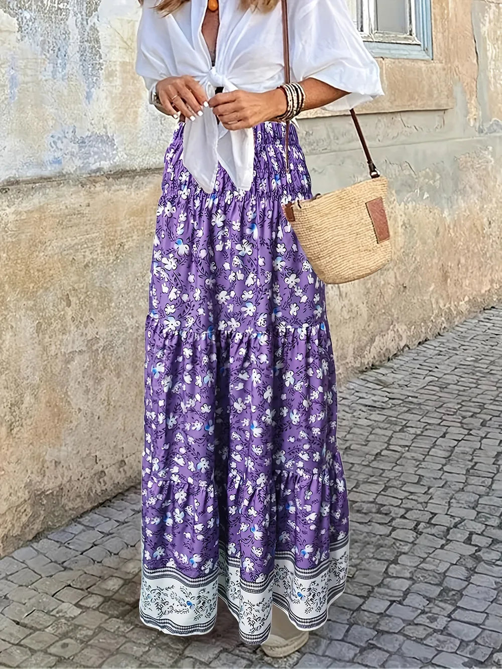 Tiered Printed Elastic-Waist Skirt