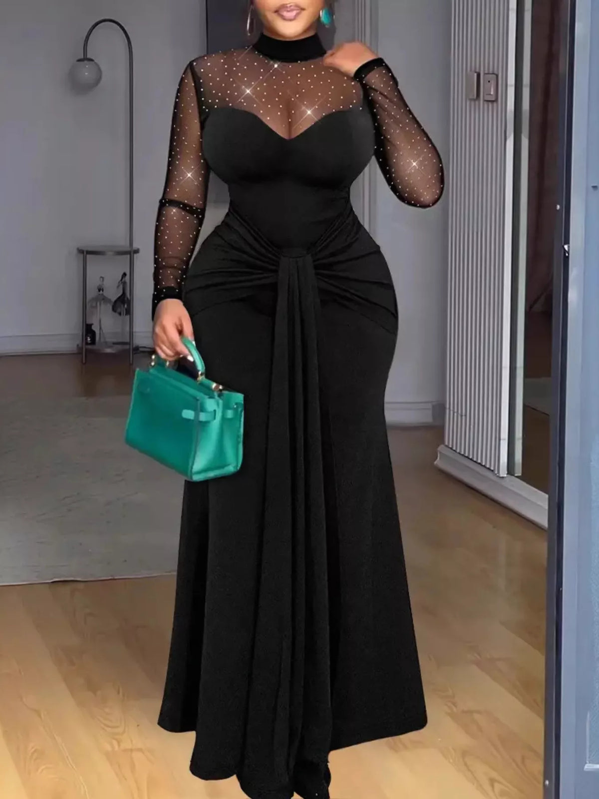 Mesh Mock Neck Maxi Dress in Black