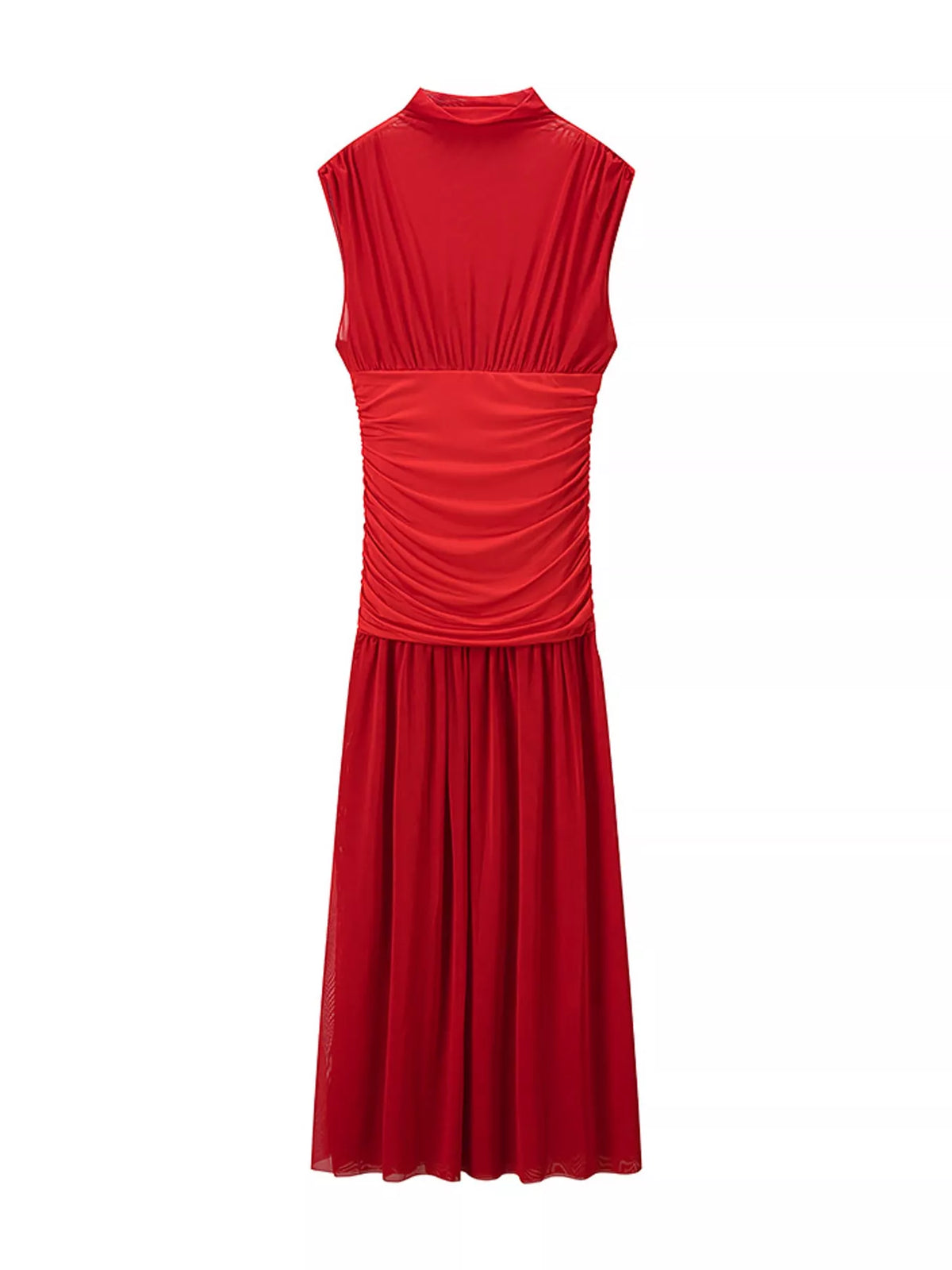 Mock Neck Ruched Mesh Maxi Dress