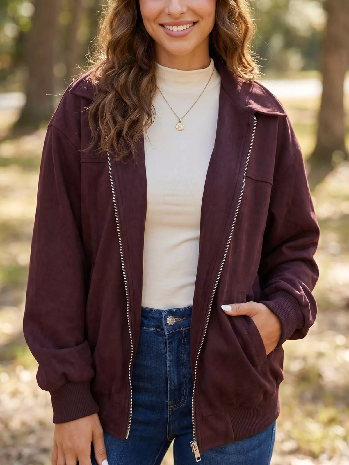 Zip-Up Jacket with Metal Placket Collar in Chocolate