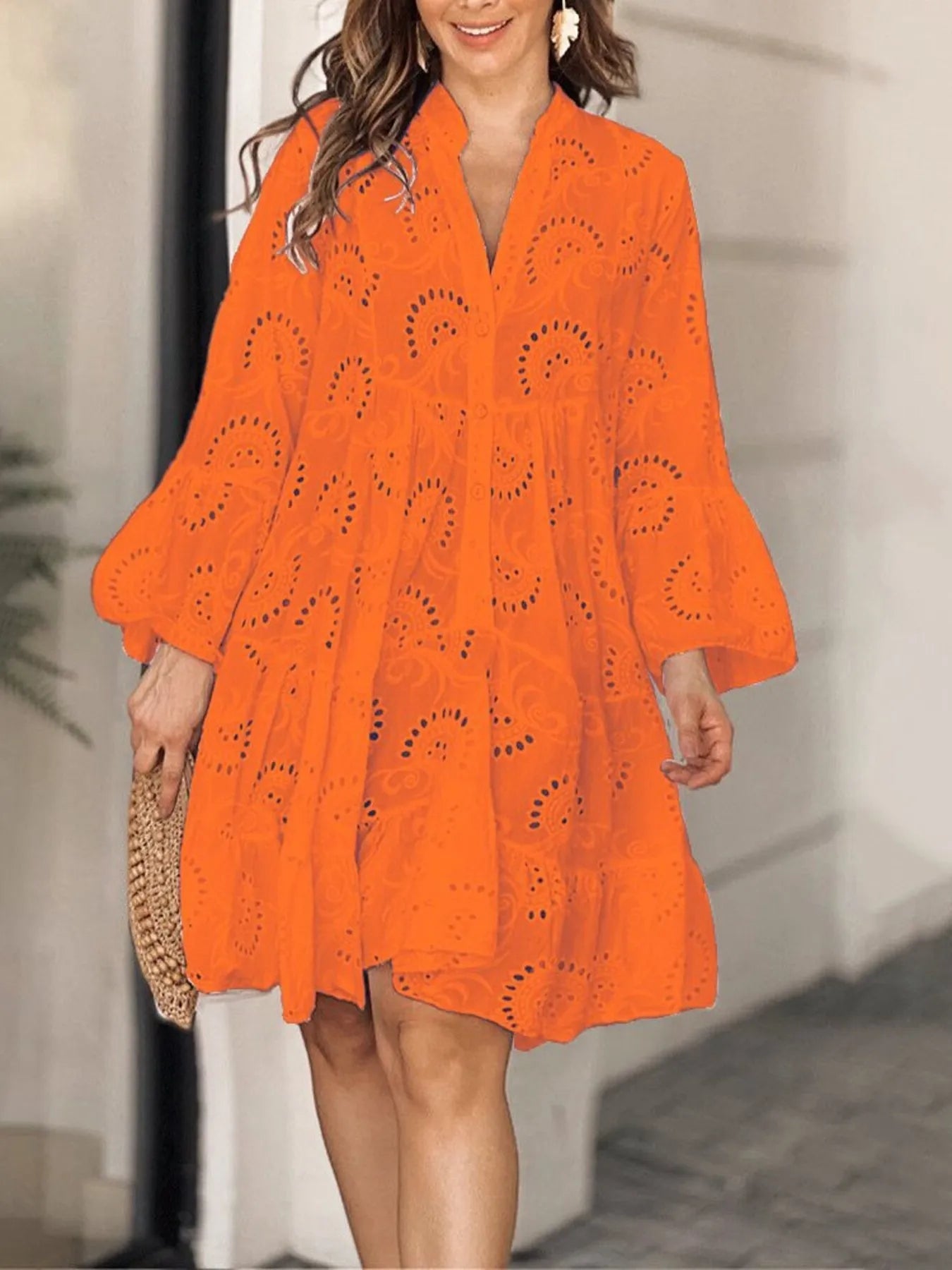 Eyelet V-Neck Tiered Ruffle Dress
