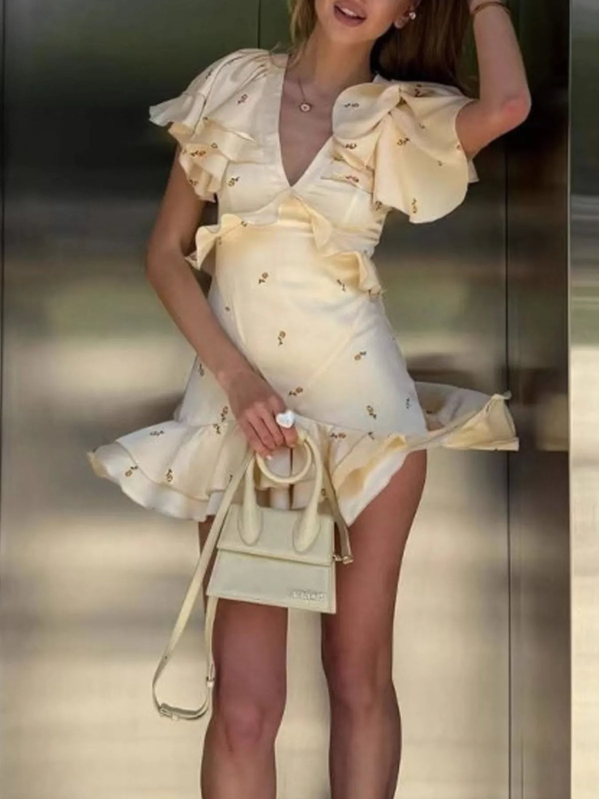 Ruffled Flutter Sleeve Mini Dress in Light Yellow