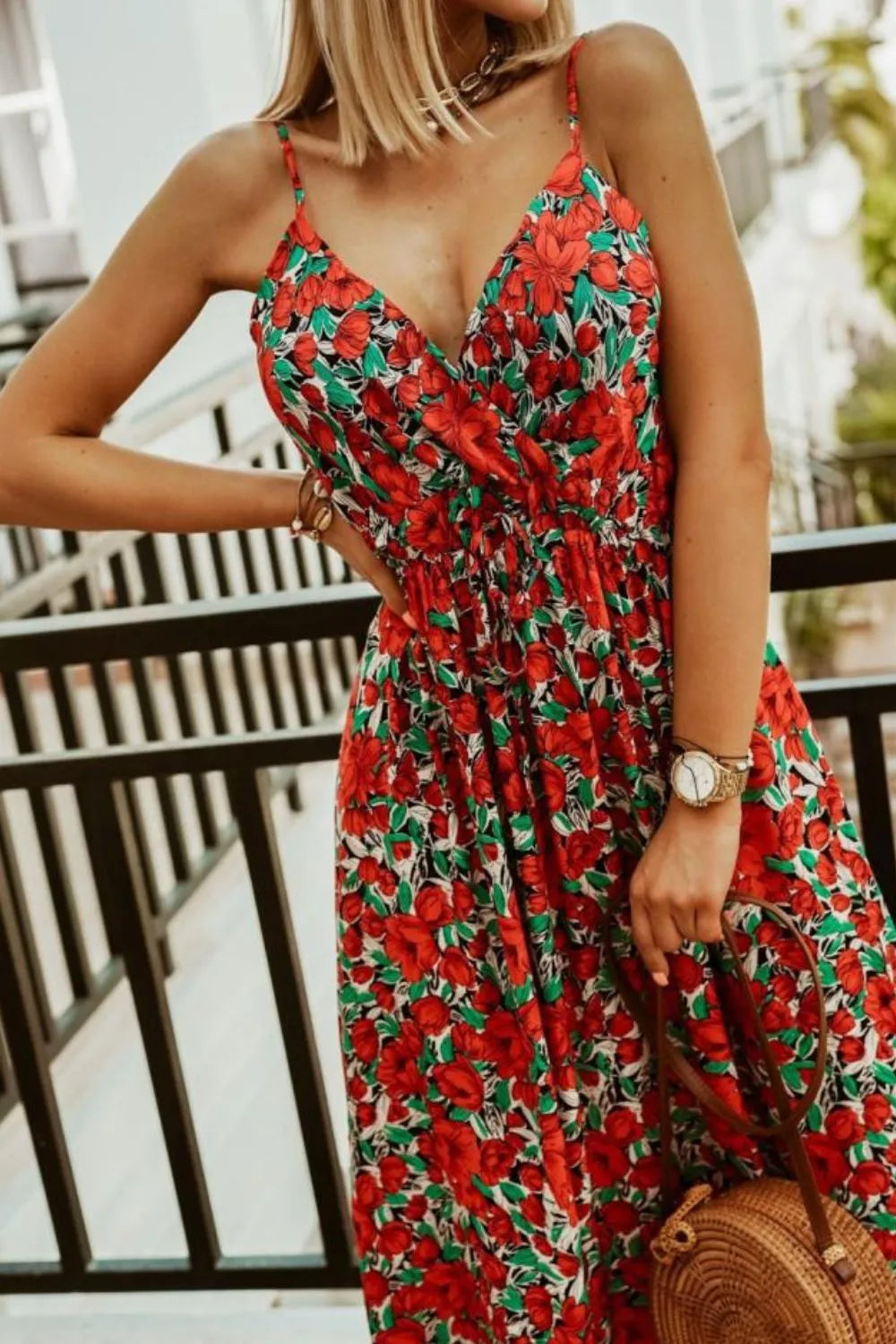 Smocked Spaghetti-Strap Printed Maxi Dress