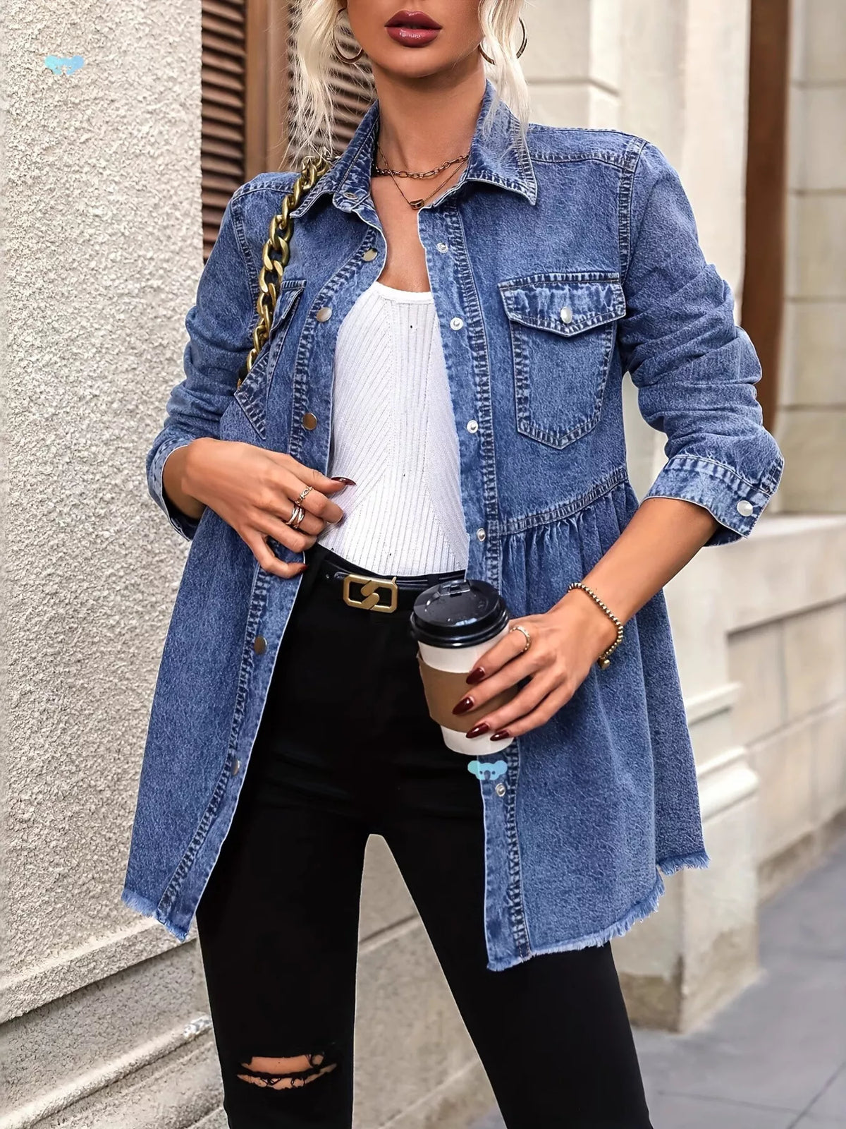 Peplum Hem Denim Jacket in Dusty Blue by Invera