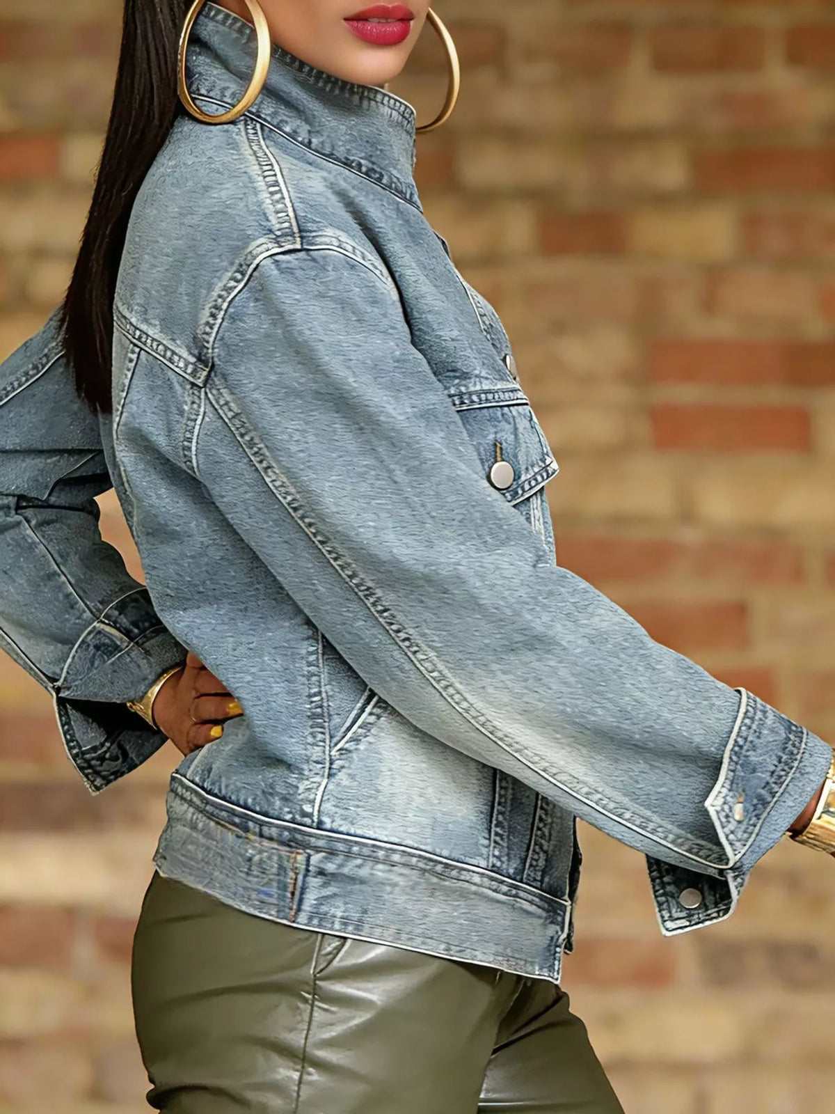Asymmetric Button-Up Denim Jacket in Light Blue