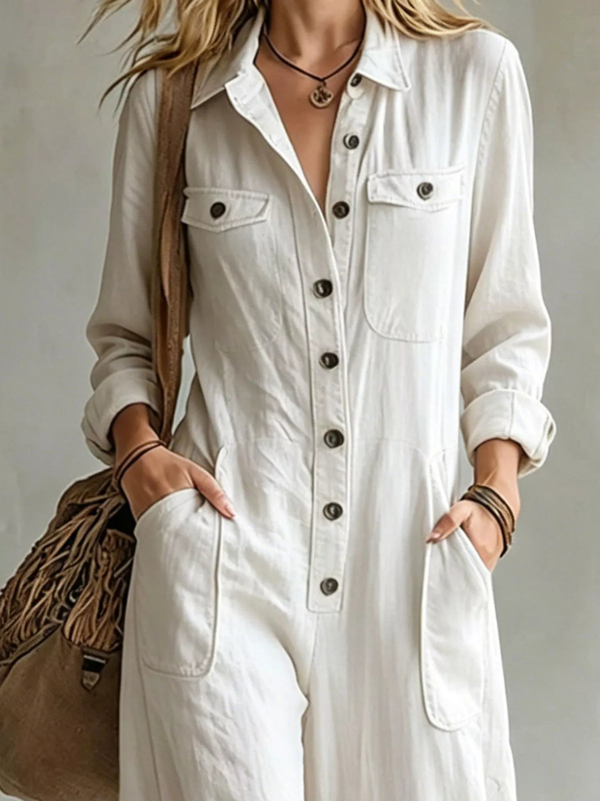 Long Sleeve Button Front Jumpsuit
