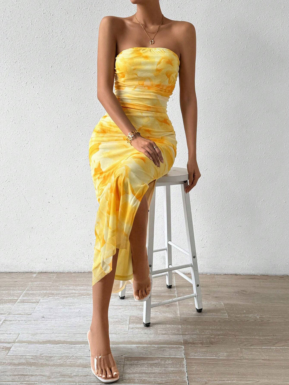 Ruched Strapless Bodycon Midi Dress in Yellow