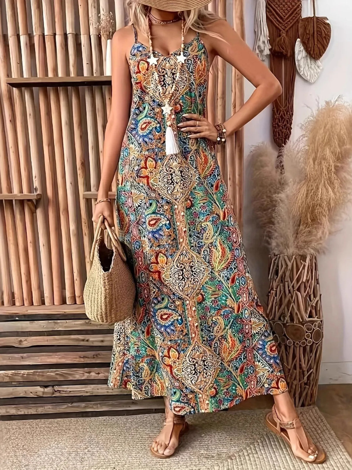 Paisley V-Neck Maxi Dress in Turquoise