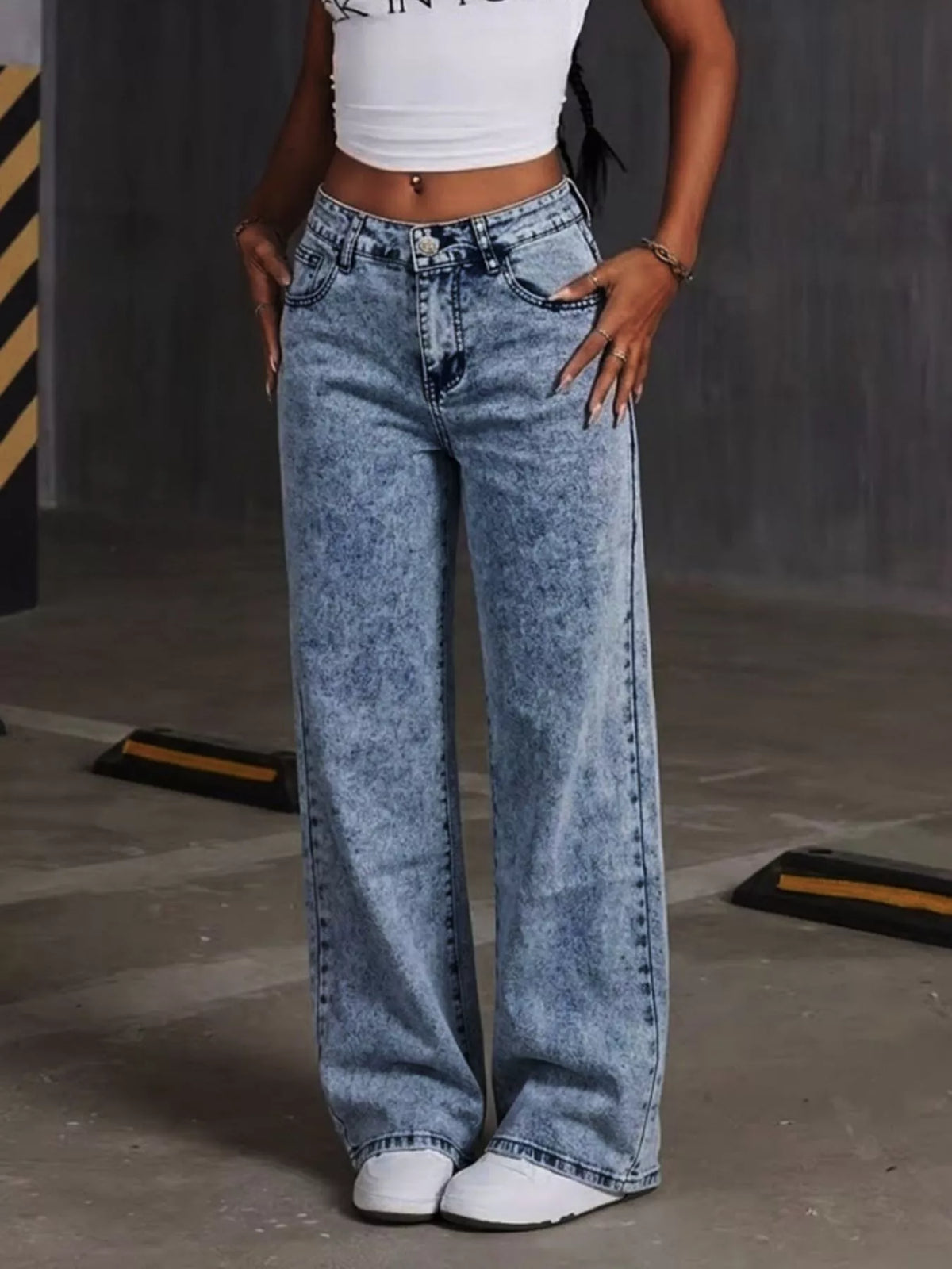 Embroidered Bow Wide Leg Jeans in Dusty Blue