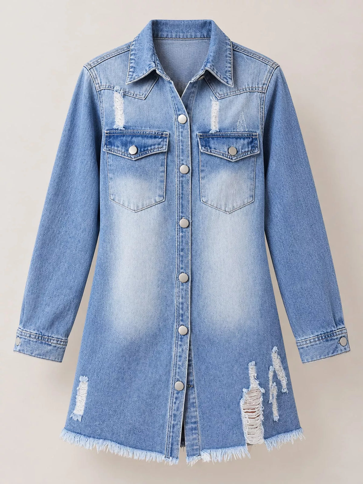 Distressed Longline Denim Jacket in Light Blue