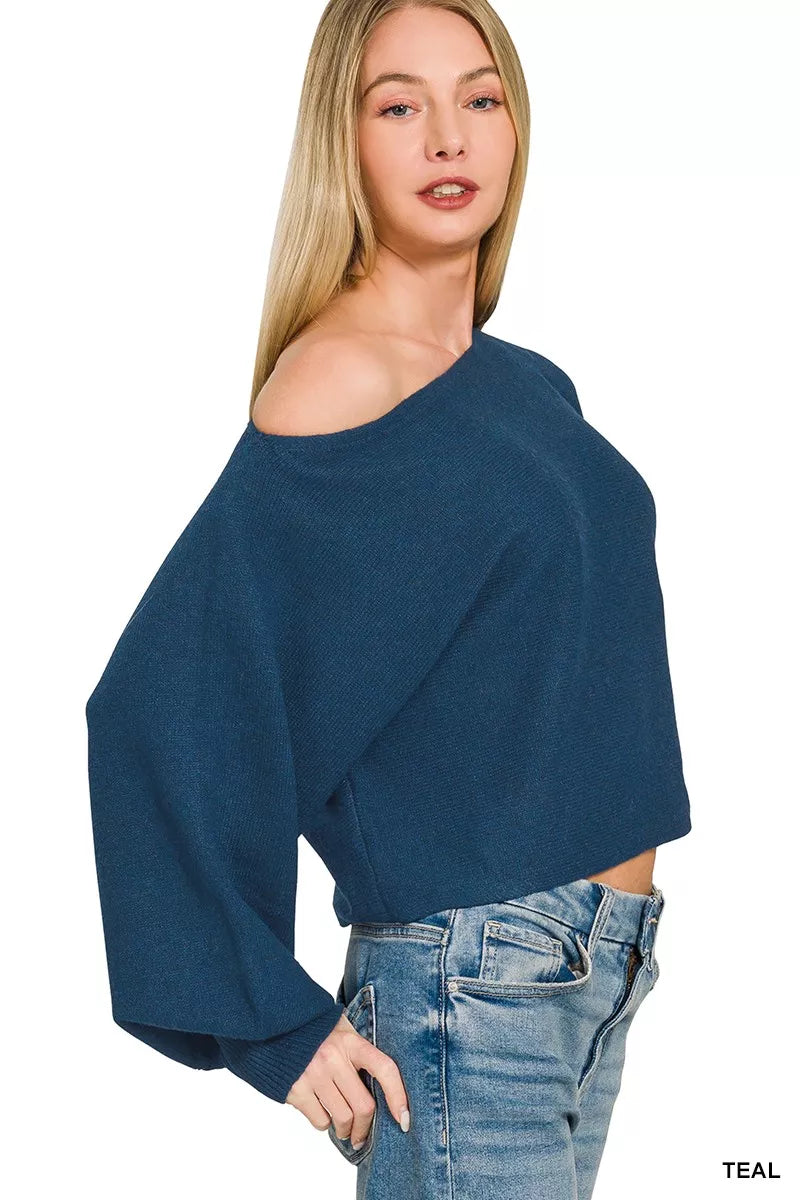 Zenana Boat Neck Balloon Sleeve Sweater in Teal