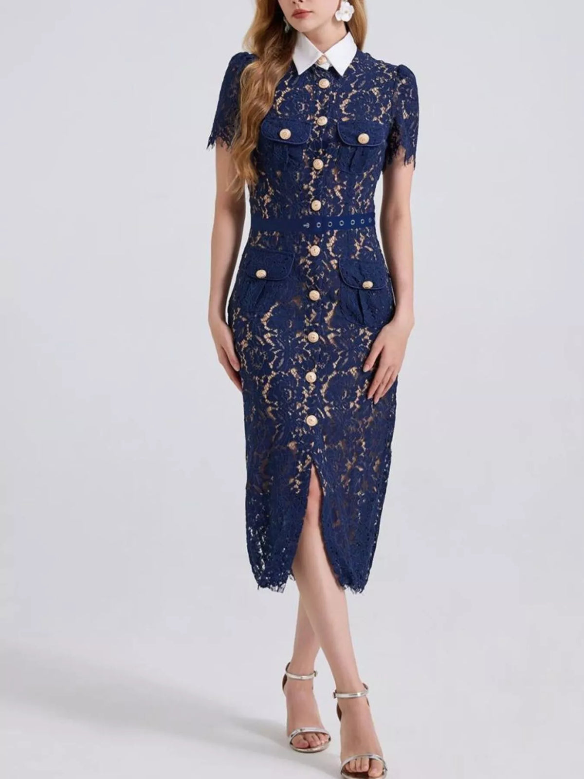 Lace Button-Down Midi Dress in Blue